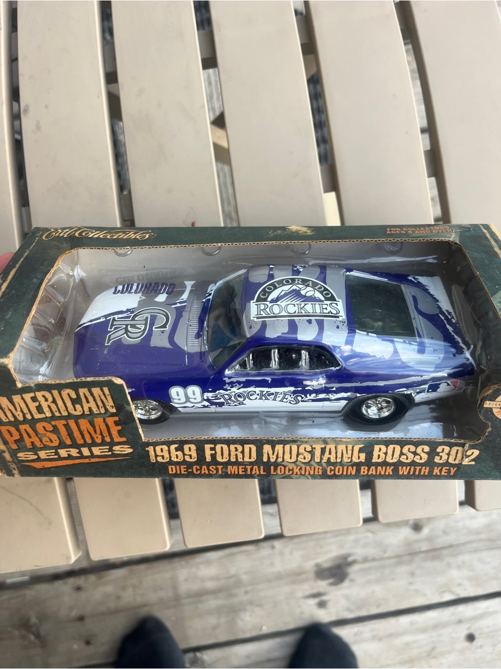 1969 Ford Mustang Boss 302 Colorado Rockies Die-Cast Coin Bank - Purple/White